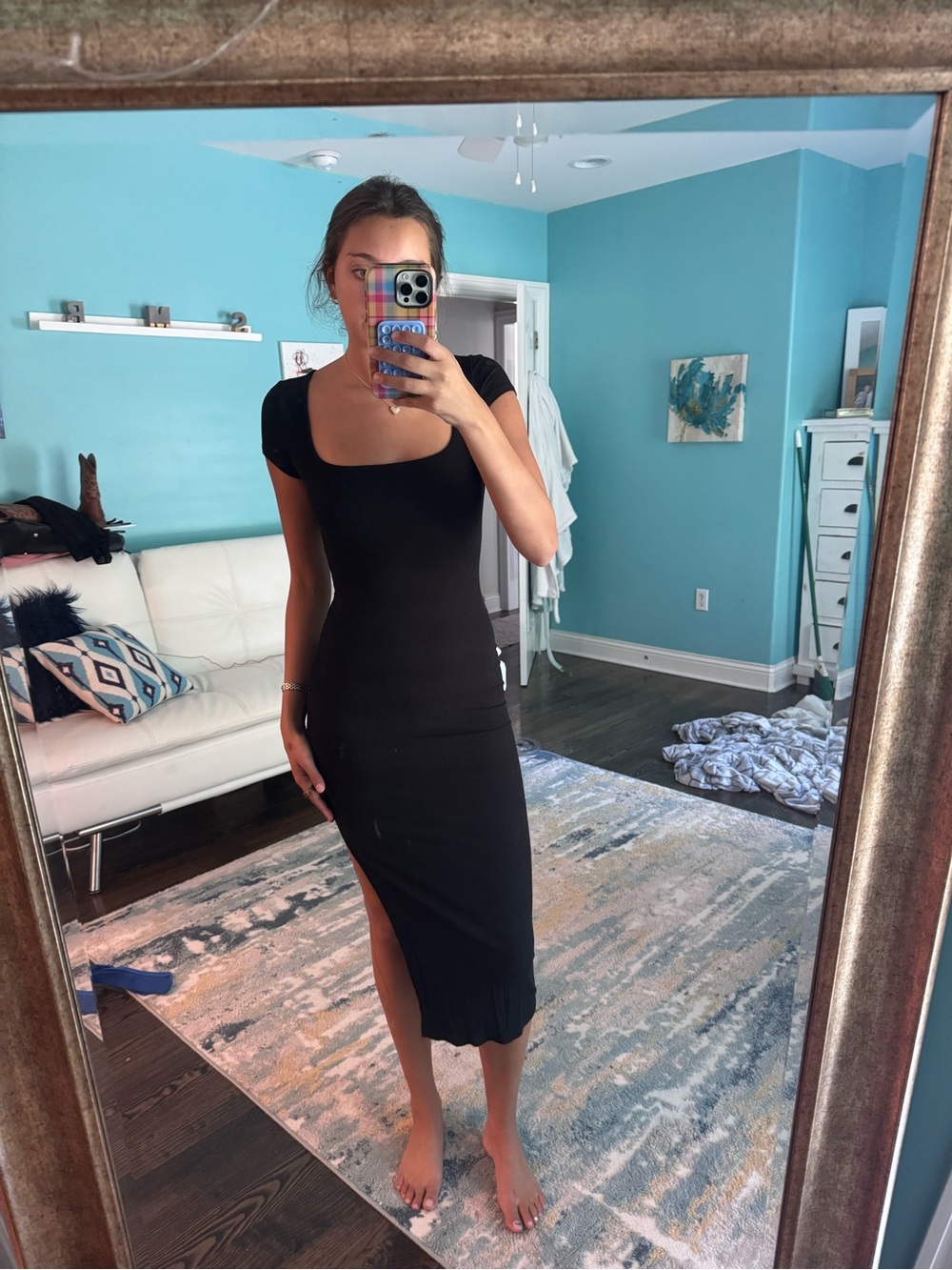 Anthropologie Black Scoop-Neck Midi Dress with Side Slit